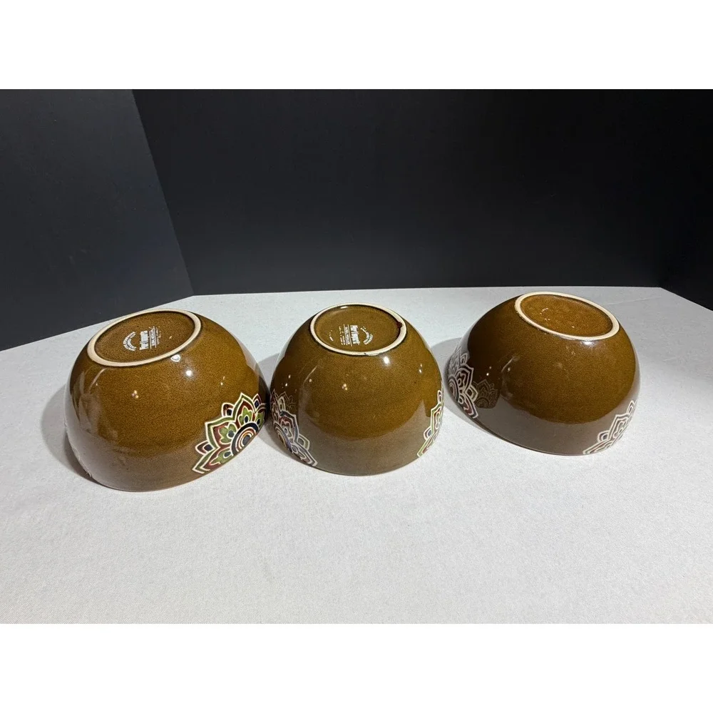 Pier 1 Imports Global Medallion Reactive Stoneware Cereal Bowls Set of 3 Green